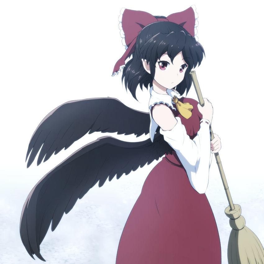 1girl ascot bamboo_broom bare_shoulders black_hair black_wings bow broom commentary_request cosplay detached_sleeves frilled_bow frills hair_bow hakurei_reimu hakurei_reimu_(cosplay) highres holding holding_broom japanese_clothes long_skirt looking_at_viewer miko pointy_ears red_bow red_eyes red_skirt shameimaru_aya shirosato short_hair simple_background skirt solo touhou white_background wide_sleeves wings yellow_neckwear