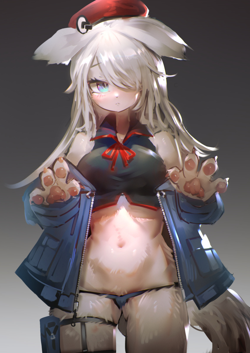 1girl 9a-91_(girls'_frontline) animal_ears animal_hands beret blue_eyes blush breasts furry furry_female girls'_frontline hat highres medium_breasts navel official_alternate_costume panties paw_pose solo tail underwear user_msay4453