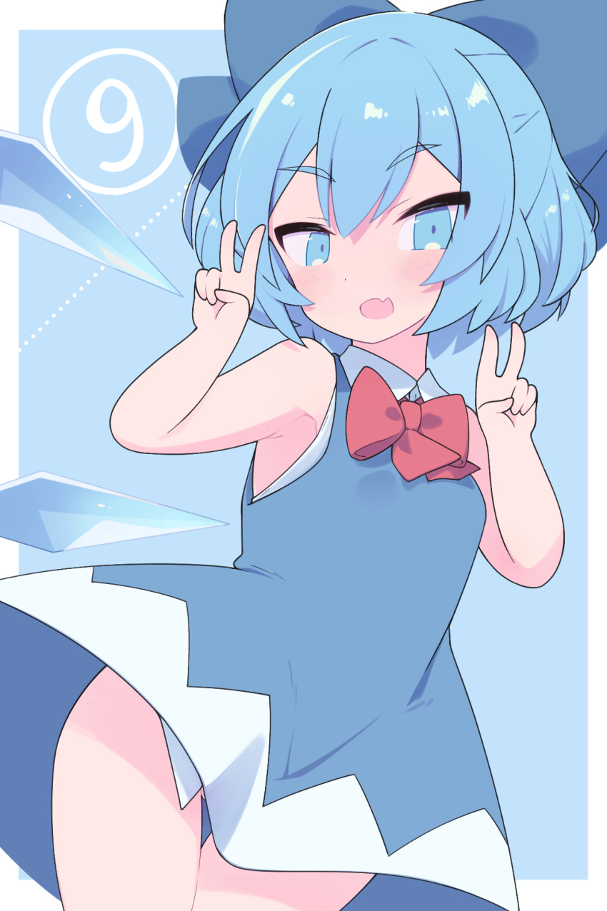 (9) 1girl bangs blue_background blue_bow blue_dress blue_eyes blue_hair border bow bowtie burumanoeat cirno collared_shirt cowboy_shot double_v dress eyebrows_visible_through_hair fang hair_bow highres ice ice_wings looking_at_viewer pinafore_dress red_bow red_neckwear shirt short_hair simple_background skin_fang sleeveless sleeveless_shirt solo standing touhou v white_border white_shirt wings