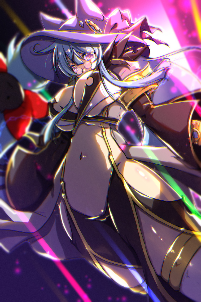 1girl absurdres animal_ear_headwear bangs black_skirt blue_hair breasts closed_mouth coat commentary_request commission crossover grey_coat halter_top halterneck highres kamihime_project large_breasts long_hair looking_at_viewer merlin_(kamihime_project) navel pince-nez purple_eyes purple_headwear ragnarok_online side_slit skeb_commission skirt smile solo suspenders tanono thighhighs uneven_eyes upper_body warlock_(ragnarok_online) white_legwear