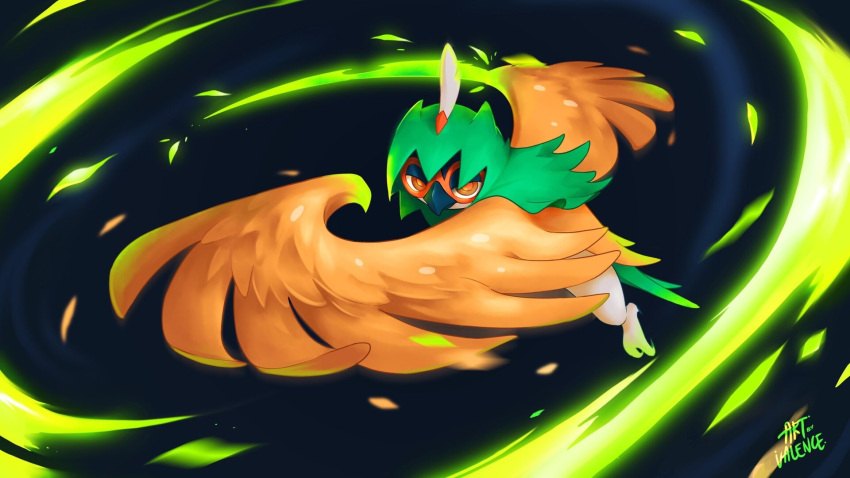 artbyvalence beak bird commentary decidueye full_body gen_7_pokemon highres leaves_in_wind looking_at_viewer no_humans orange_eyes pokemon pokemon_(creature) signature solo talons