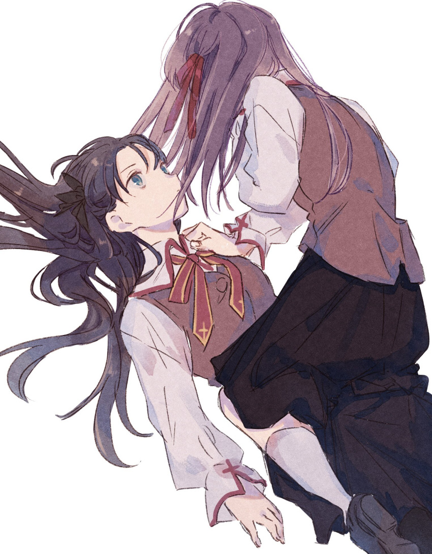 2girls black_hair black_ribbon blue_eyes bow bowtie cross fate/stay_night fate_(series) girl_on_top hair_ribbon hand_on_another's_chest highres homurahara_academy_uniform kneeling latin_cross leaning_forward long_hair long_sleeves lying machi_(uqyjee) matou_sakura multiple_girls on_back purple_hair red_ribbon ribbon school_uniform siblings simple_background sisters skirt tohsaka_rin vest white_background