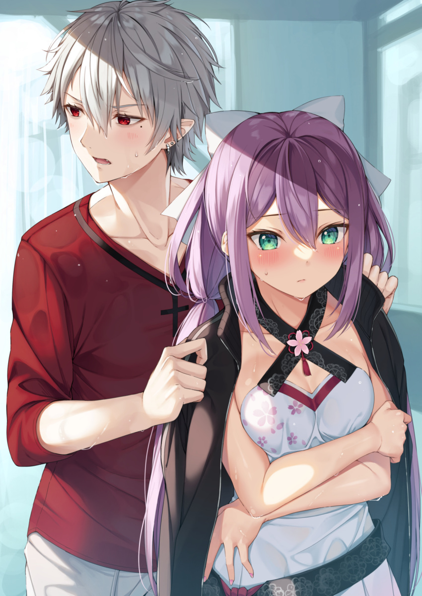 1boy 1girl blush bow collarbone ear_piercing eyebrows_visible_through_hair fang green_eyes grey_hair hair_between_eyes hair_bow highres jacket jacket_on_shoulders kuzuha_(nijisanji) mole mole_under_eye nijisanji piercing purple_hair red_eyes sakura_ritsuki wet wet_clothes yuuri_nayuta