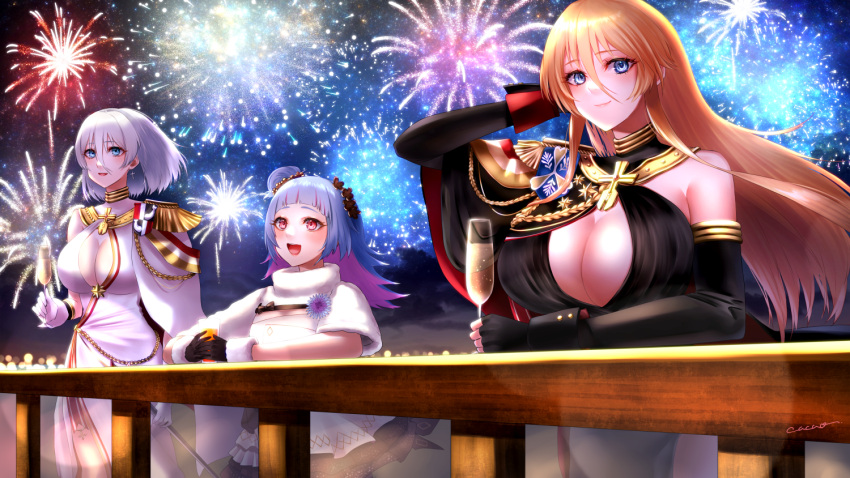 3girls arm_behind_head arm_under_breasts azur_lane bismarck_(azur_lane) bismarck_(beacon_of_the_ironblood)_(azur_lane) black_dress blonde_hair blue_eyes blue_hair breasts cacao_(suisaixx) capelet champagne_flute cleavage cleavage_cutout clothing_cutout cup detached_sleeves dress drinking_glass fireworks holding holding_cup large_breasts leaning_on_rail long_hair medium_hair multiple_girls night night_sky red_eyes short_hair sky tirpitz_(azur_lane) tirpitz_(iron_blood_snowstorm)_(azur_lane) u-556_(azur_lane) upper_body white_dress white_hair