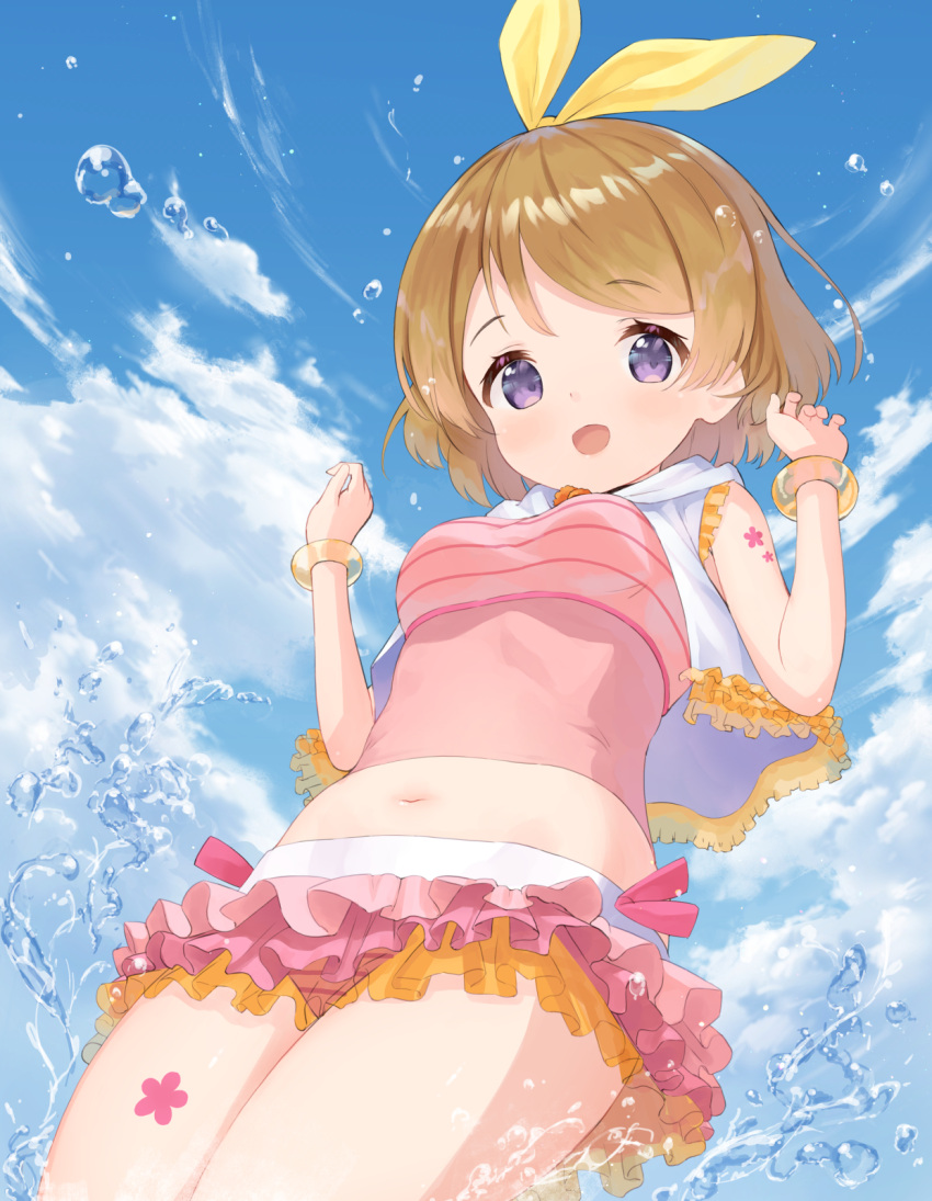 1girl bangle bangs bikini blue_sky bracelet breasts brown_hair cloud commentary_request eichisu eyebrows_visible_through_hair frilled_bikini frills from_below highres jewelry koizumi_hanayo looking_at_viewer love_live! love_live!_school_idol_project medium_breasts natsuiro_egao_de_1_2_jump! navel open_mouth pink_bikini purple_eyes shiny shiny_hair short_hair sky sleeveless smile splashing swept_bangs swimsuit water_drop