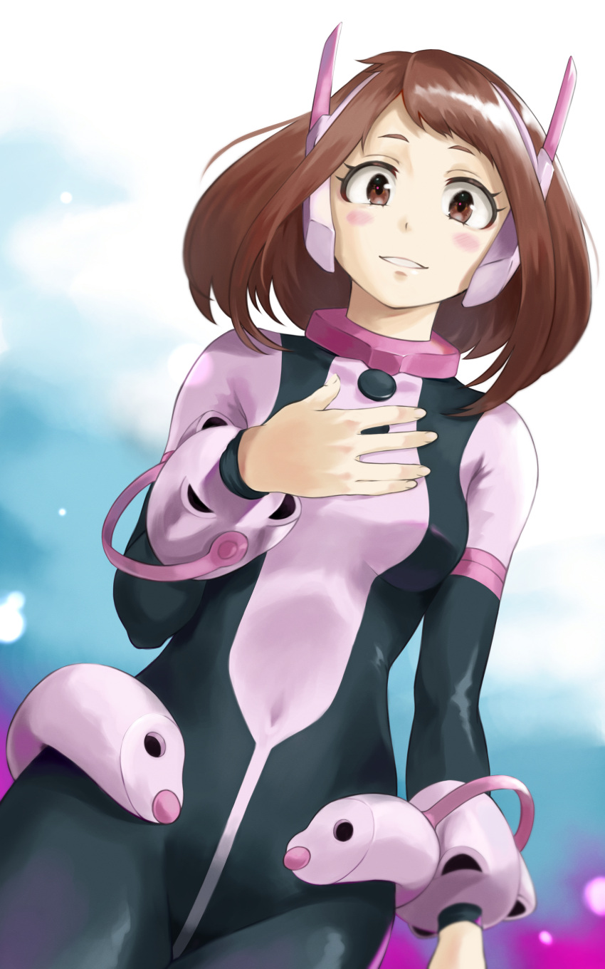 1girl absurdres bangs black_bodysuit blue_background blush bodysuit boku_no_hero_academia breasts brown_eyes brown_hair covered_navel dutch_angle fengling_(furin-jp) gradient gradient_background grin headgear highres long_hair long_sleeves looking_at_viewer multicolored multicolored_bodysuit multicolored_clothes pink_bodysuit shiny shiny_hair small_breasts smile solo standing swept_bangs uraraka_ochako white_background