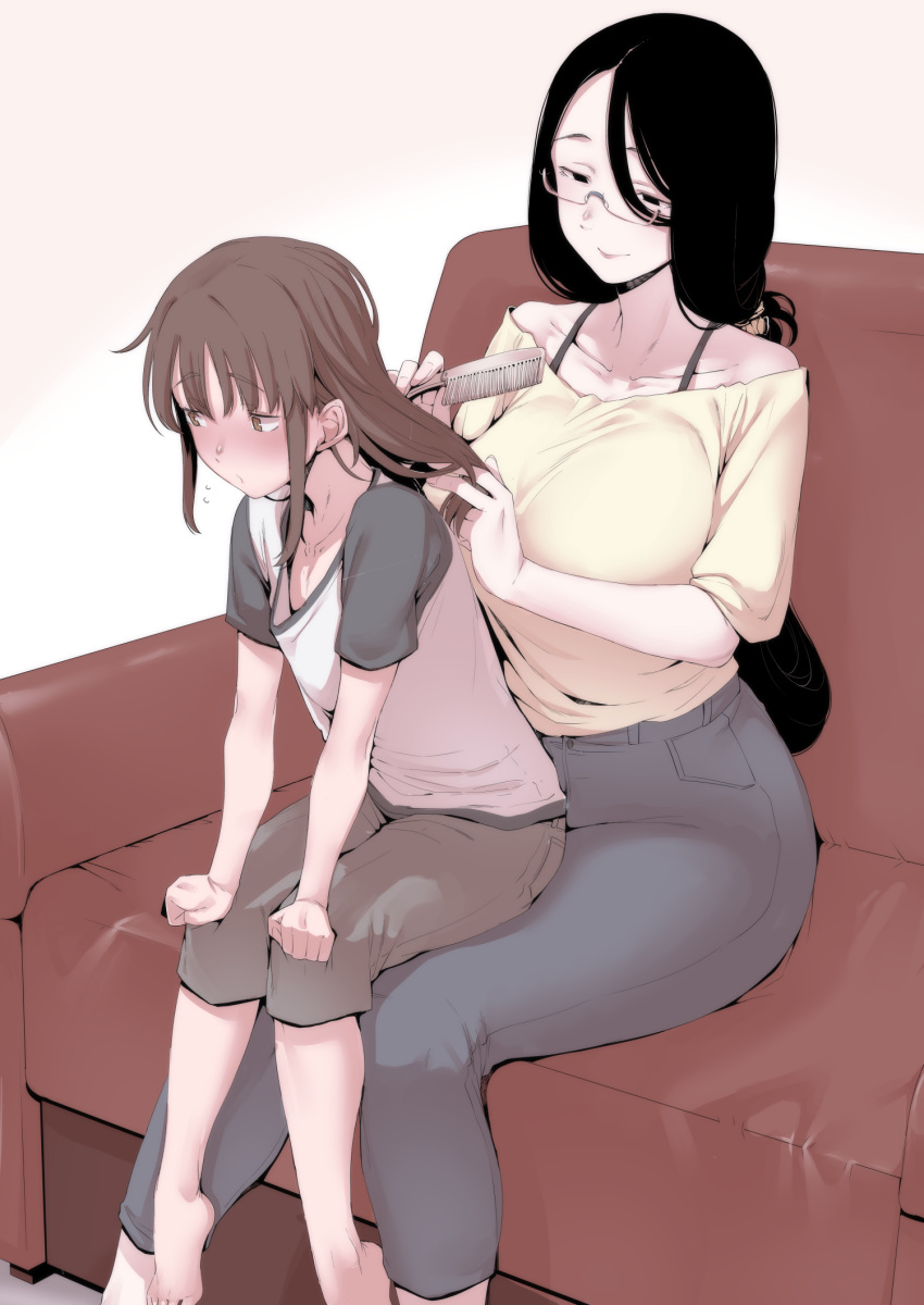 1boy 1girl bangs bare_shoulders black_hair blush brown_eyes brown_hair capri_pants closed_mouth couch curvy glasses grey_pants hair_brushing highres long_hair looking_to_the_side mature_female nakamura_regura original otoko_no_ko pants parted_bangs shirt sitting sitting_on_person smile white_background yellow_shirt