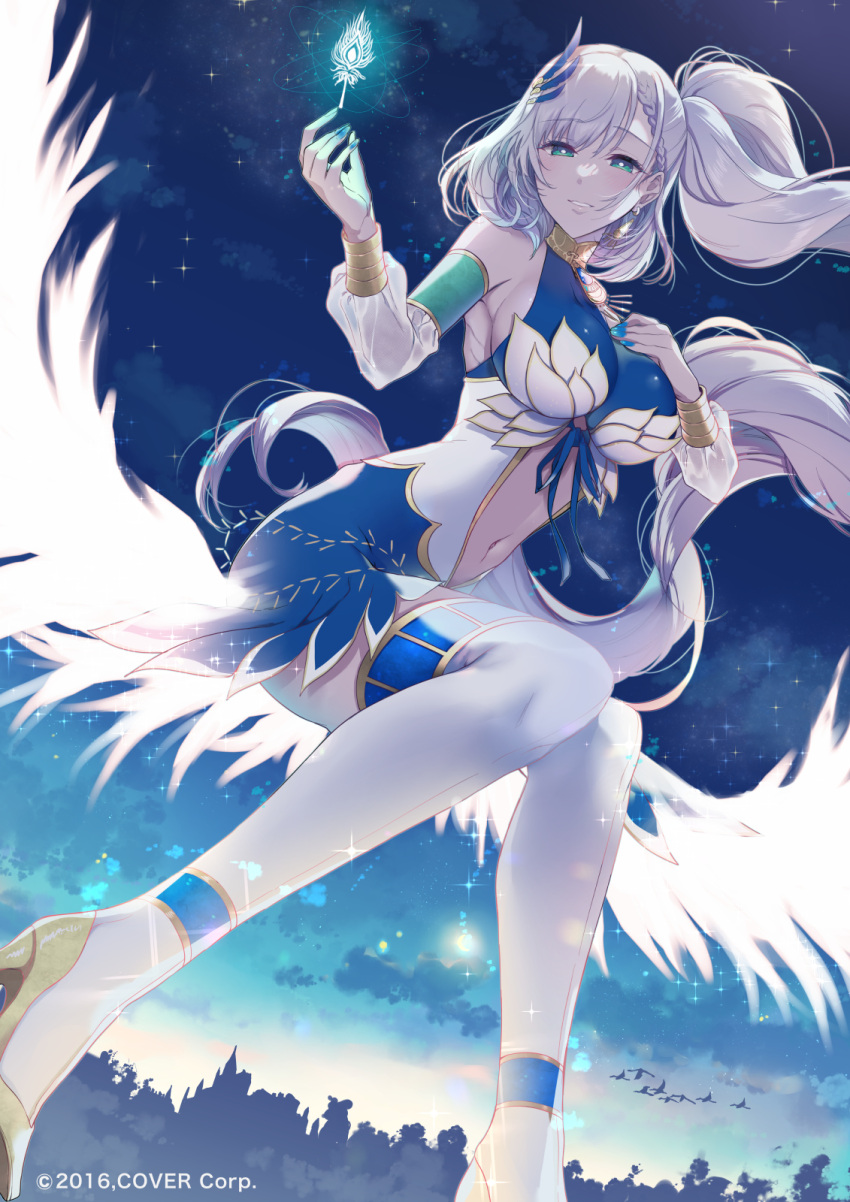 1girl aqua_eyes blue_nails braid breasts clothing_cutout company_name earrings feathers glowing highres hololive hololive_indonesia jewelry navel_cutout parted_lips pavolia_reine pochi_(pochi-goya) side_ponytail sideboob silver_hair smile solo thighhighs virtual_youtuber