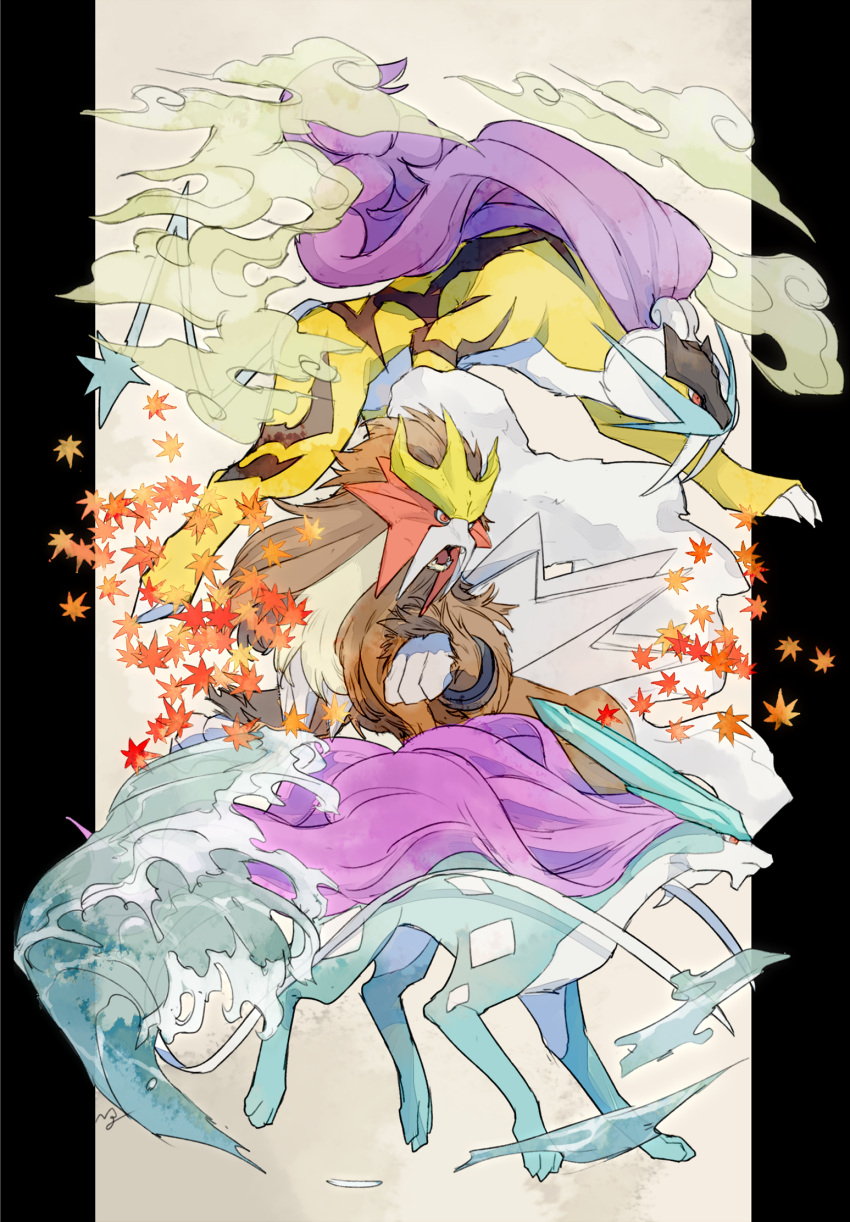 autumn_leaves claws closed_mouth commentary_request entei fangs gen_2_pokemon highres legendary_pokemon letterboxed ngr_(nnn204204) no_humans open_mouth orange_eyes outside_border pokemon pokemon_(creature) raikou smoke suicune toes tongue tusks water