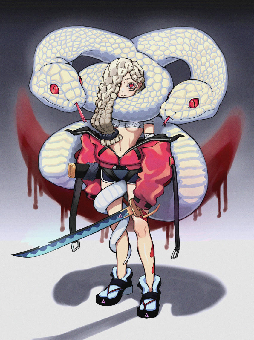 1girl absurdres animal blonde_hair breasts budget_sarashi chung1000 closed_mouth earrings facial_mark full_body giant_snake hair_over_one_eye hairlocs highres holding holding_sword holding_weapon huge_filesize jacket jacket_partially_removed jewelry long_hair looking_at_viewer navel off_shoulder one_eye_covered original oversized_animal red_eyes red_jacket sandals sanpaku sarashi scabbard sheath slit_pupils small_breasts snake solo standing sword tabi underboob unsheathed weapon white_legwear white_snake