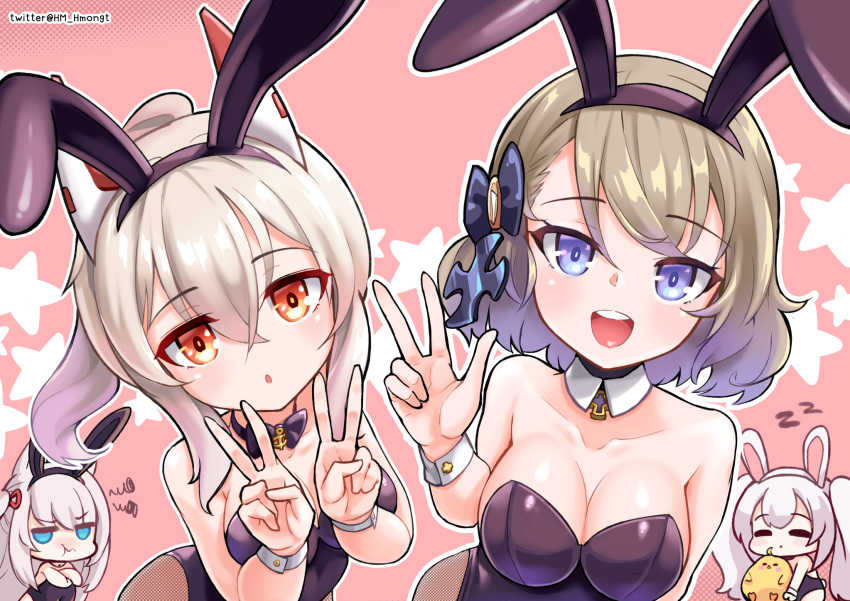 4girls :d alternate_costume animal_ears aqua_eyes ayanami_(azur_lane) azur_lane bangs bare_shoulders bent_over bird black_leotard blue_eyes bow breasts brown_hair carrying cat_ears chibi chick choker cleavage collarbone copyright_name detached_collar double_v dress eyebrows_visible_through_hair fake_animal_ears fishnet_legwear fishnets hair_between_eyes hair_bow hair_ribbon hairband hammann_(azur_lane) highres hm_(hmongt) iron_cross laffey_(azur_lane) leotard long_hair looking_at_viewer manjuu_(azur_lane) multiple_girls open_mouth orange_eyes parted_lips playboy_bunny ponytail rabbit_ears ribbon short_hair sidelocks silver_hair simple_background smile strapless strapless_dress twintails twitter_username v white_hair wrist_cuffs z23_(azur_lane) zzz