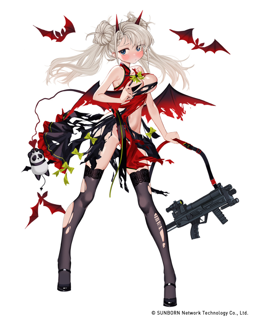 1girl assault_rifle bare_shoulders bat black_footwear blue_eyes blush braid braided_bangs breasts cf05_(girls'_frontline) china_dress chinese_clothes cleavage closed_mouth demon_tail demon_wings double_bun dress embarrassed floating_hair full_body girls'_frontline grey_hair grey_legwear gun halloween halloween_costume high_heels highres holding holding_gun holding_weapon horns large_breasts looking_at_viewer luicent messy_hair navel no_panties official_art open_mouth panda pelvic_curtain red_dress rifle simple_background solo tail thighhighs torn_clothes torn_dress torn_legwear torn_wings twintails weapon white_background wings