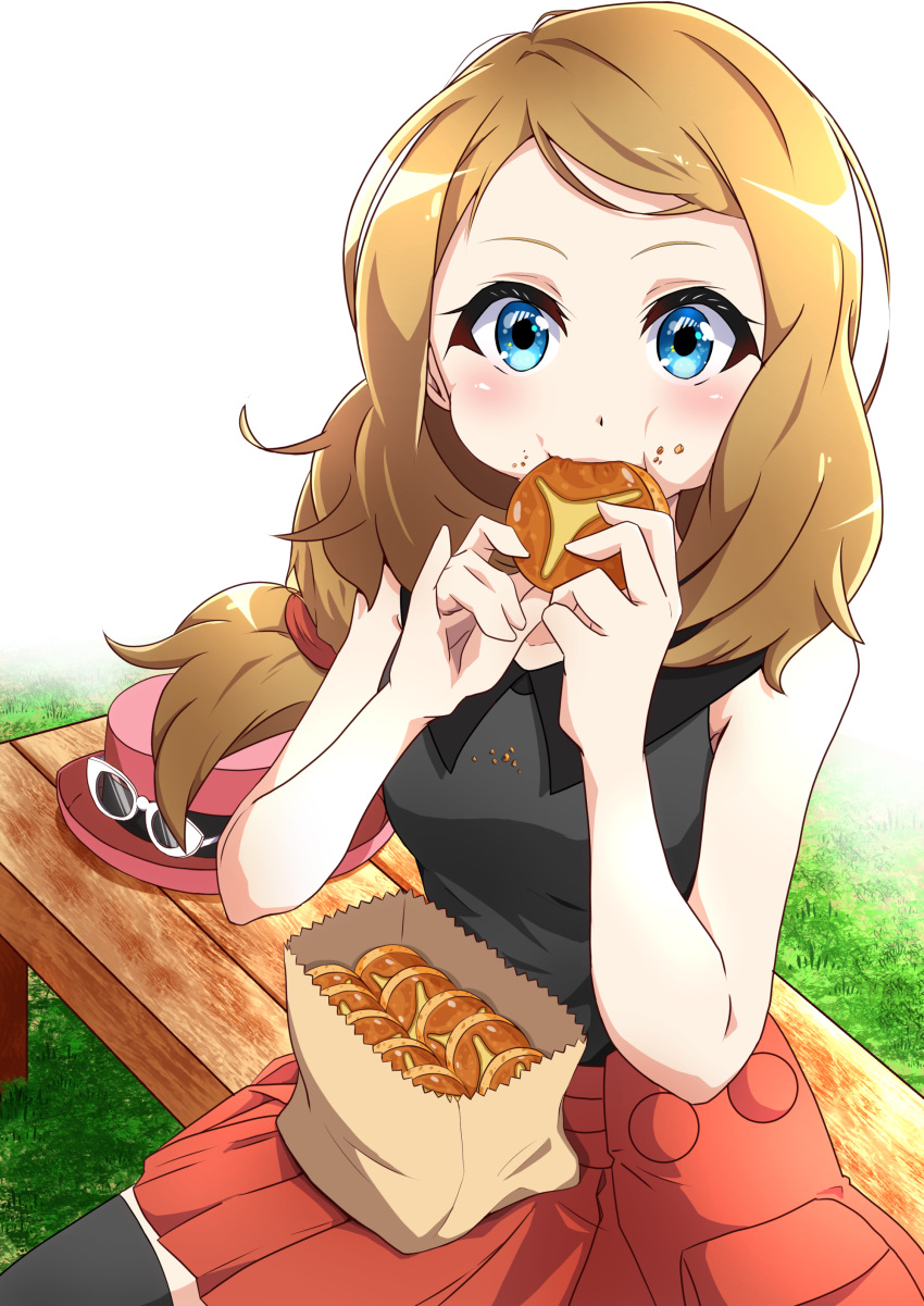 1girl absurdres black_legwear blonde_hair blue_eyes bread breasts food hat highres long_hair looking_at_viewer negimiso1989 pleated_skirt pokemon pokemon_(game) pokemon_xy serena_(pokemon) skirt sleeveless solo sunglasses thighhighs