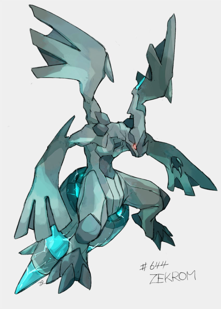 character_name claws commentary_request full_body gen_5_pokemon glowing glowing_eyes highres legendary_pokemon ngr_(nnn204204) no_humans pokedex_number pokemon pokemon_(creature) red_eyes signature zekrom