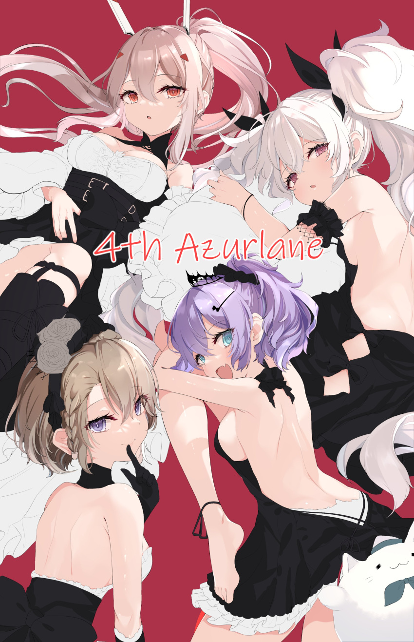 4girls absurdres adapted_costume ayanami_(azur_lane) ayanami_(nightfall_raiment)_(azur_lane) azur_lane backless_dress backless_outfit black_dress black_gloves breasts crown detached_sleeves dress fang feet finger_to_mouth flower gloves green_eyes hair_between_eyes headgear high_ponytail highres javelin_(azur_lane) laffey_(azur_lane) leg_belt light_brown_hair long_hair looking_at_viewer medium_breasts medium_hair meowfficer_(azur_lane) mini_crown multiple_girls official_alternate_costume open_mouth orange_eyes purple_eyes purple_hair red_background red_eyes shiira_(nya_rl) short_dress sideboob skin_fang twintails very_long_hair white_flower white_hair z23_(azur_lane)