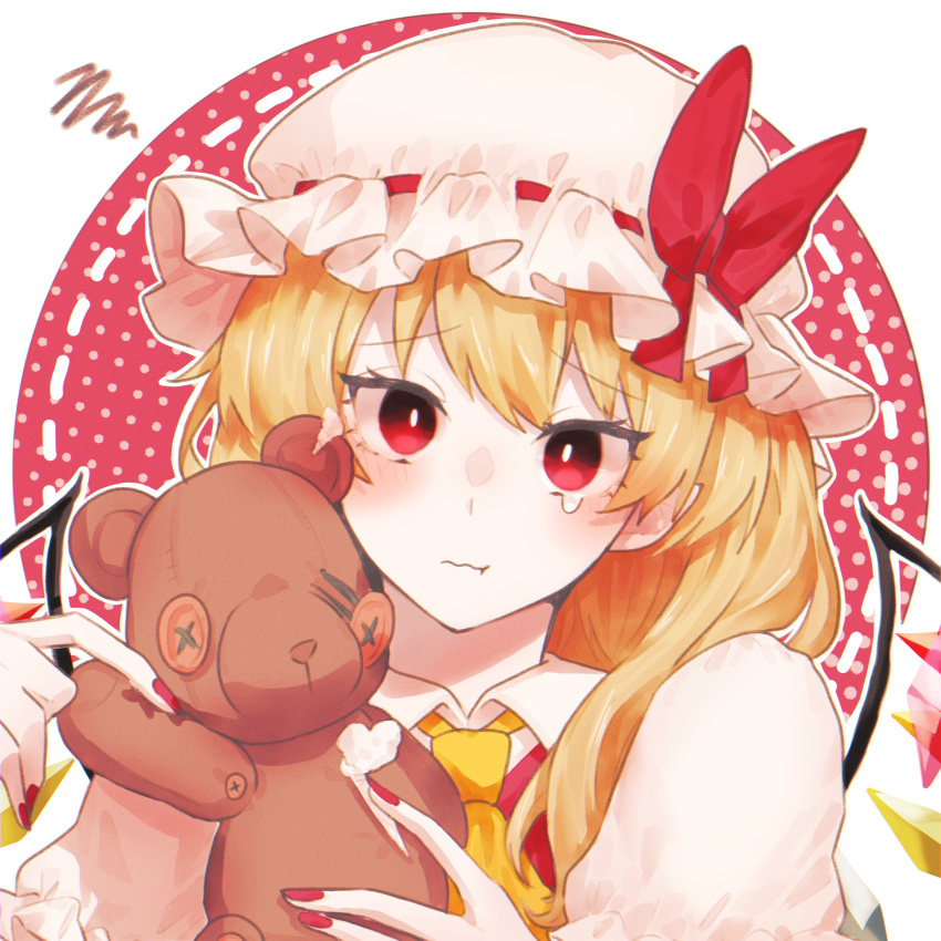 1girl absurdres animal_ears ascot bangs bear_ears blonde_hair blush bow closed_mouth crystal dress eyebrows_visible_through_hair flandre_scarlet hair_between_eyes hands_up hat hat_bow highres jewelry looking_at_viewer mob_cap multicolored multicolored_wings one_side_up polka_dot polka_dot_background puffy_short_sleeves puffy_sleeves red_background red_bow red_dress red_eyes red_nails shirt short_hair short_sleeves solo somei_ooo stuffed_animal stuffed_toy tears teddy_bear touhou toy upper_body white_background white_headwear white_shirt white_sleeves wings yellow_neckwear