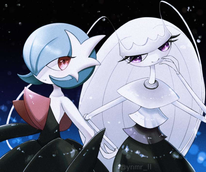 alternate_color black_dress blue_hair blurry bob_cut closed_mouth colored_skin commentary_request dress eyelashes gardevoir gen_3_pokemon gen_7_pokemon hand_up mega_gardevoir mega_pokemon pheromosa pokemon purple_eyes red_eyes shiny_pokemon short_hair smile ultra_beast watermark white_skin ynmr_ll