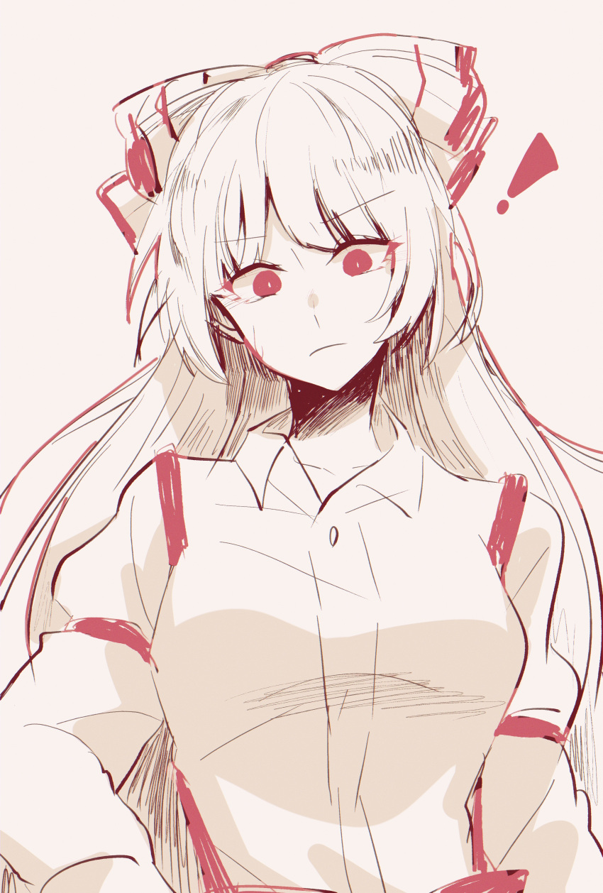 ! 1girl absurdres bangs bow breasts buttons closed_mouth collar collared_shirt eyebrows_visible_through_hair fujiwara_no_mokou hand_on_hip highres long_hair long_sleeves looking_at_viewer medium_breasts multicolored multicolored_bow pants puffy_sleeves red_bow red_eyes red_pants shirt simple_background solo somei_ooo touhou white_background white_bow white_hair white_shirt white_sleeves