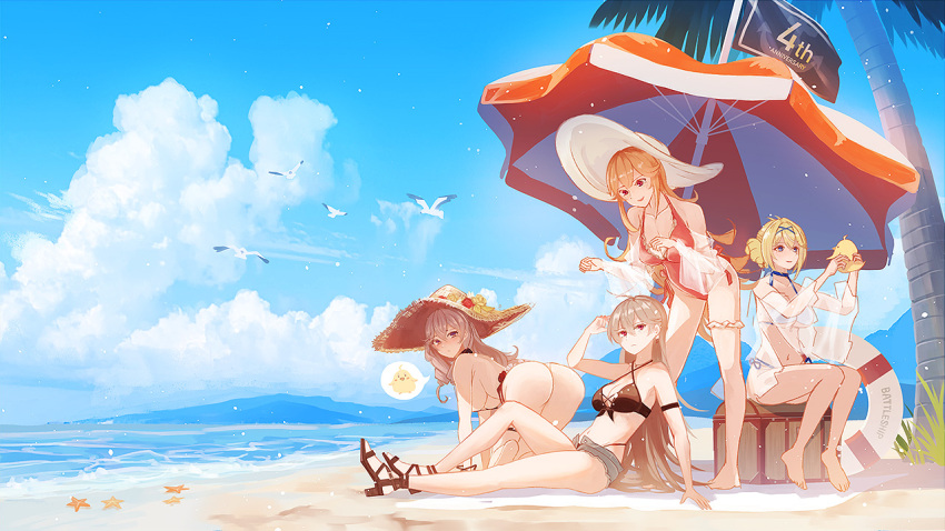 4girls algerie_(azur_lane) algerie_(white_sand_angel)_(azur_lane) all_fours anchor_earrings arm_strap ass azur_lane backless_swimsuit beach beach_umbrella bikini blue_choker blue_sky breasts brown_bikini brown_hair choker criss-cross_halter cutoff_jeans cutoffs drill_locks earrings flower halterneck hat hat_flower high_heels highleg highleg_bikini highleg_swimsuit innertube jean_bart_(azur_lane) jean_bart_(secret_afternoon)_(azur_lane) jeanne_d'arc_(azur_lane) jeanne_d'arc_(movie_set_saintess)_(azur_lane) jewelry large_breasts layered_bikini leaning_forward long_hair looking_at_viewer manjuu_(azur_lane) medium_breasts micro_shorts multi-strapped_bikini multiple_girls multiple_straps official_alternate_costume one-piece_swimsuit open_clothes open_shorts orange_hair outdoors palm_tree pink_swimsuit purple_eyes red_eyes richelieu_(azur_lane) richelieu_(flagship_in_the_sea_breeze)_(azur_lane) sand sea_nami473 see-through_sleeves shorts side-tie_swimsuit sitting sky standing starfish straw_hat sun_hat swimsuit toeless_footwear tree umbrella water white_bikini white_bird white_headwear white_innertube