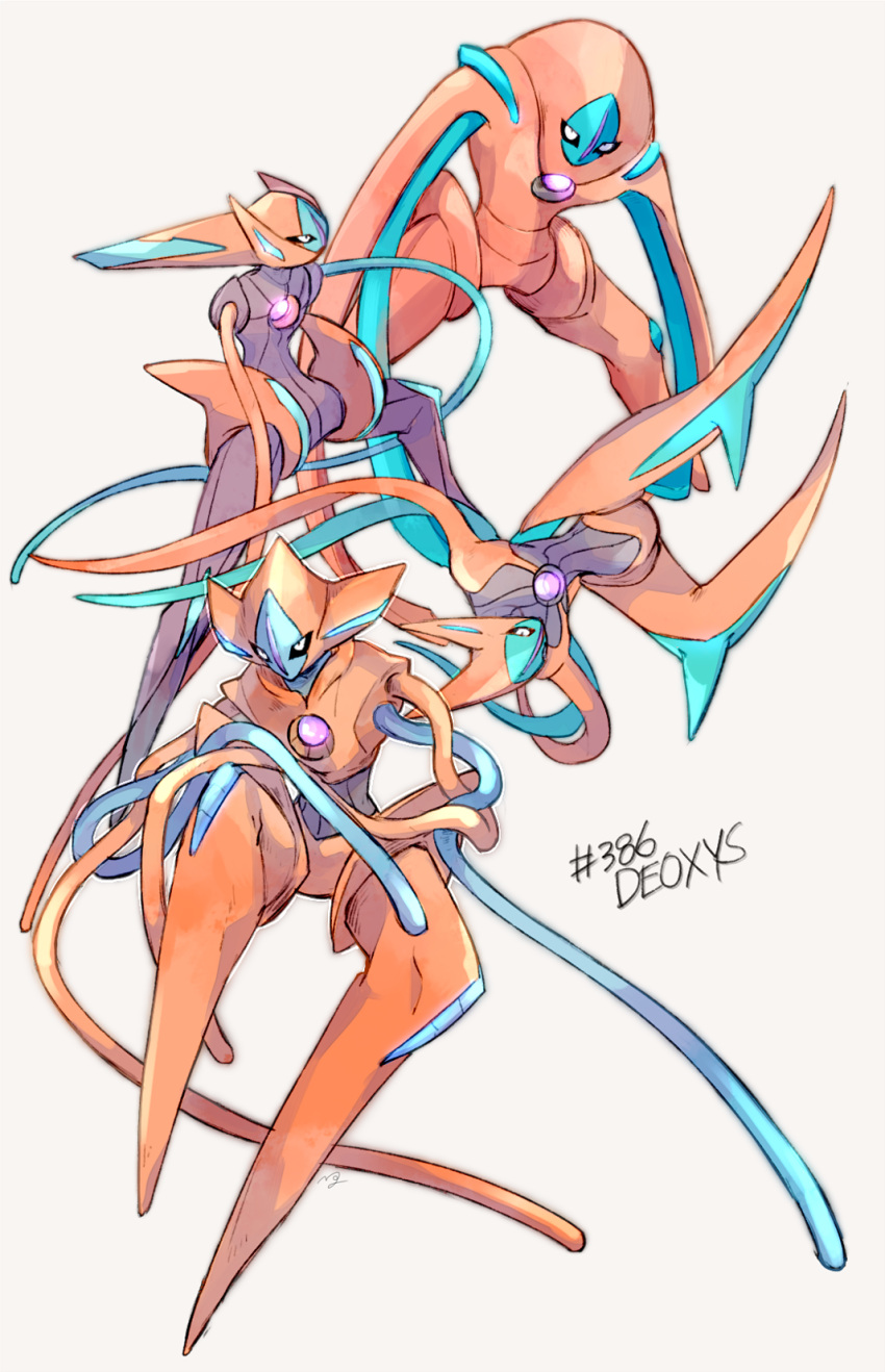 black_eyes character_name commentary_request deoxys deoxys_(attack) deoxys_(defense) deoxys_(normal) deoxys_(speed) gen_3_pokemon glowing grey_background highres looking_at_viewer mythical_pokemon ngr_(nnn204204) no_humans pokedex_number pokemon pokemon_(creature) simple_background