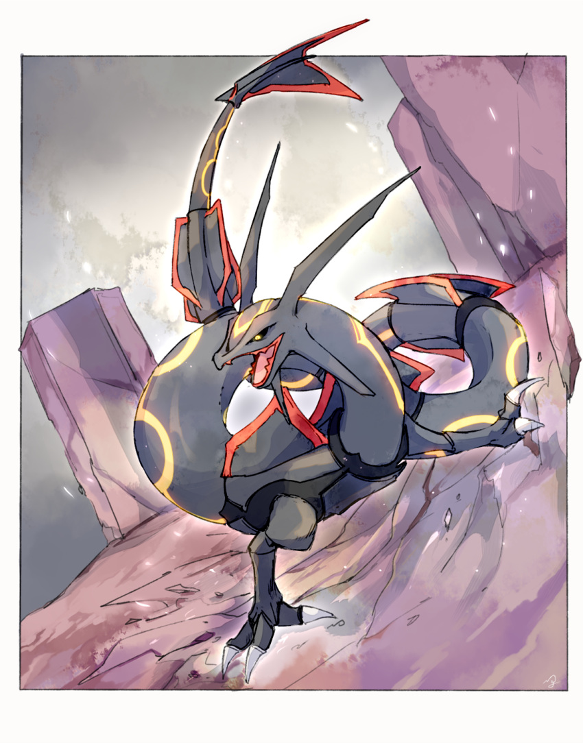 alternate_color black_sclera border claws colored_sclera commentary_request gen_3_pokemon highres legendary_pokemon looking_to_the_side ngr_(nnn204204) no_humans open_mouth pillar pokemon pokemon_(creature) rayquaza shiny_pokemon tongue white_border yellow_eyes