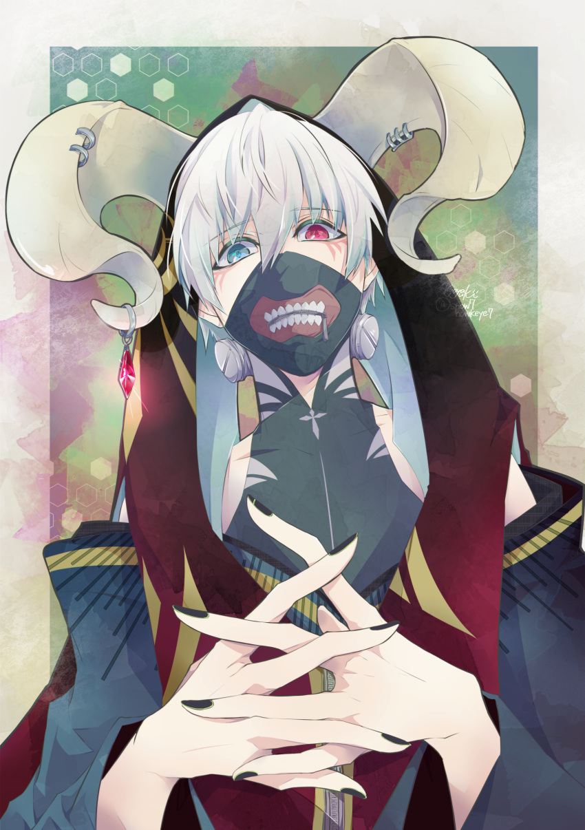 1boy absurdres alternate_costume bangs black_bodysuit black_mask black_nails bodysuit covered_collarbone dragon_horns facial_mark green_background green_eyes grey_background grey_hair hair_between_eyes hands_up heterochromia highres hood hood_up horns interlocked_fingers kaneki_ken kyoya_(0o-7snow7-o0) large_hands long_sleeves looking_at_viewer male_focus mask mouth_mask multicolored multicolored_background nail_polish own_hands_together piercing red_background red_eyes short_hair sleeveless_bodysuit solo teeth_print tokyo_ghoul tokyo_ghoul:re