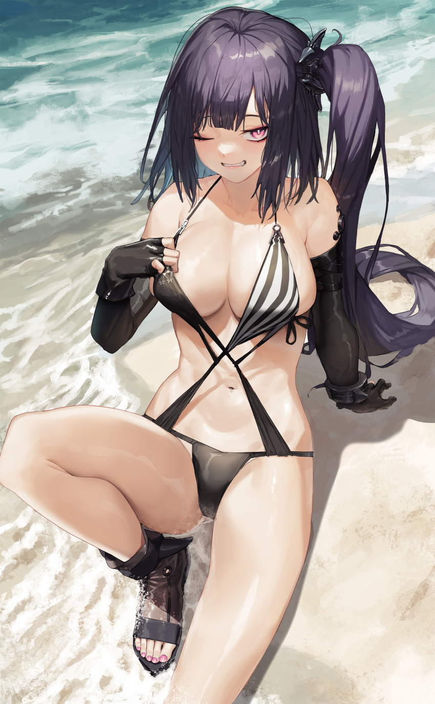 1girl ;) absurdres architect_(girls'_frontline) architect_(type_nvw)_(girls'_frontline) arm_support bangs beach black_footwear black_gloves black_hair black_swimsuit breasts casual_one-piece_swimsuit cleavage commentary day elbow_gloves fingerless_gloves girls'_frontline gloves grin halterneck highres knee_up large_breasts long_hair looking_at_viewer nail_polish navel o-ring o-ring_swimsuit official_alternate_costume one-piece_swimsuit one_eye_closed outdoors pink_eyes pink_nails side_ponytail sitting smile solo stomach swimsuit toenail_polish toenails tunamayo_(dsasd751) very_long_hair water