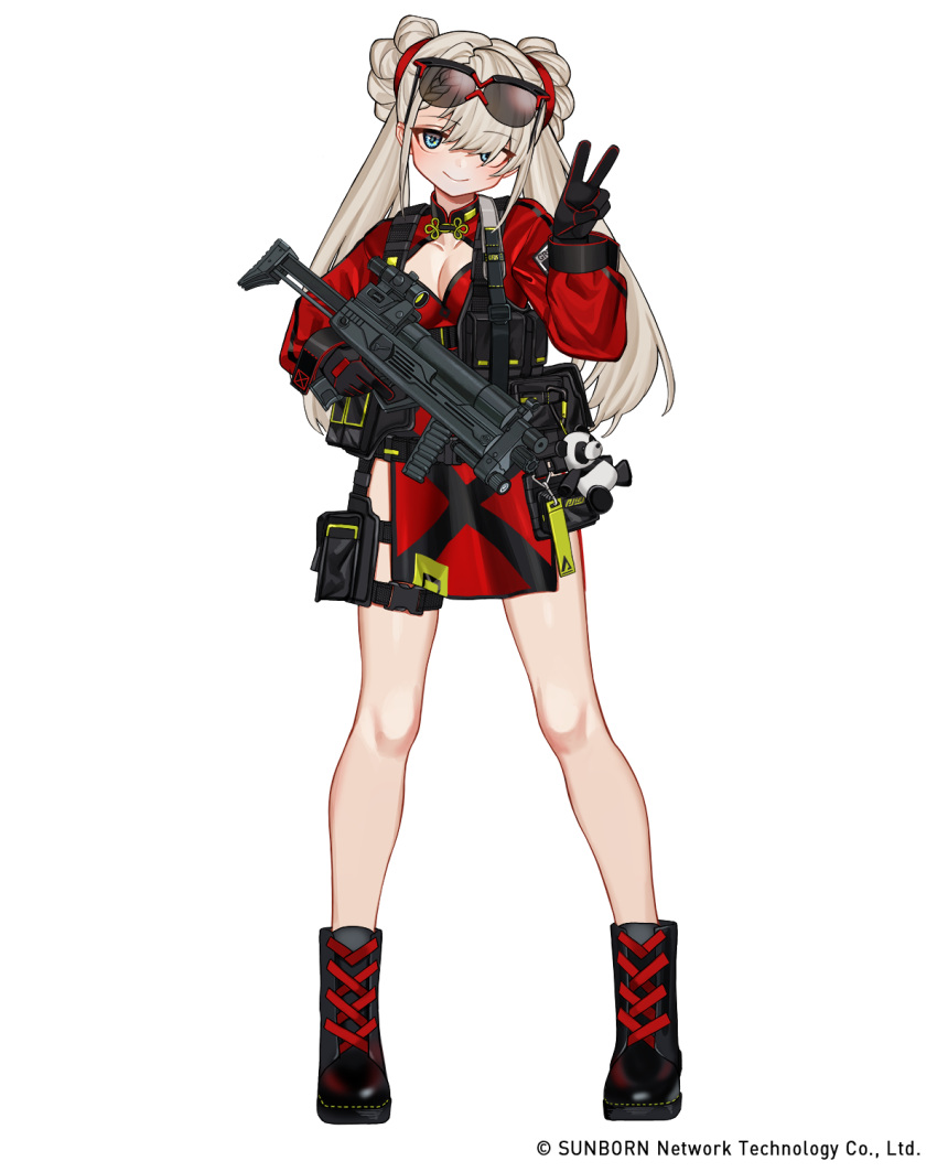 1girl black_footwear black_gloves boots cf05_(girls'_frontline) china_dress chinese_clothes cleavage_cutout closed_mouth clothing_cutout commentary_request double_bun dress english_text eyewear_on_head girls'_frontline gloves gun harness high_collar highres holding holding_gun holding_weapon logo long_hair long_sleeves looking_at_viewer luicent official_art red_dress shadow short_dress side_slit simple_background smile solo standing thigh_boots thighhighs very_long_hair watermark weapon web_address white_background