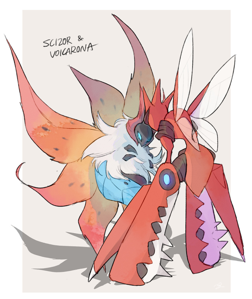 blue_eyes border character_name commentary_request gen_2_pokemon gen_5_pokemon highres legs_apart mega_pokemon mega_scizor ngr_(nnn204204) no_humans pokemon pokemon_(creature) scizor standing volcarona white_border white_fur