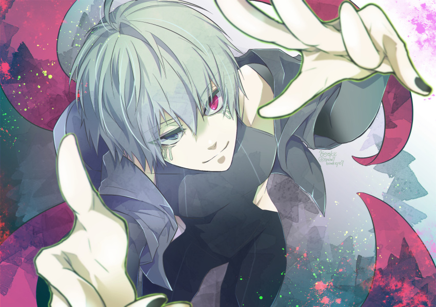 1boy bangs black_bodysuit black_nails bodysuit covered_collarbone cowboy_shot facial_mark green_background green_eyes grey_background grey_jacket heterochromia highres hood hood_down jacket kagune_(tokyo_ghoul) kaneki_ken kyoya_(0o-7snow7-o0) layered_sleeves long_sleeves looking_at_viewer male_focus multicolored multicolored_background nail_polish open_clothes open_jacket red_eyes shiny shiny_hair short_hair short_over_long_sleeves short_sleeves smile solo tokyo_ghoul tokyo_ghoul:re