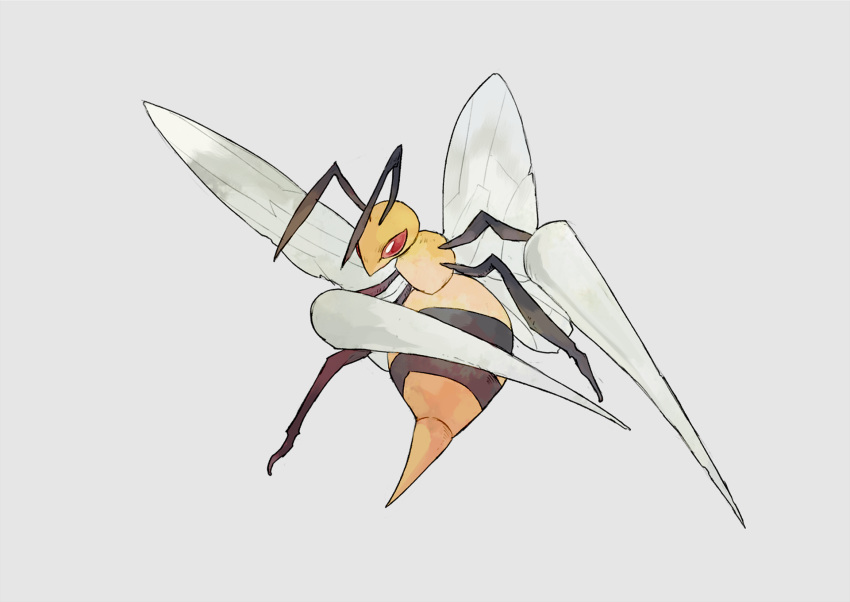 bee beedrill bug commentary_request full_body gen_1_pokemon highres looking_to_the_side ngr_(nnn204204) no_humans pokemon pokemon_(creature) red_eyes simple_background white_background