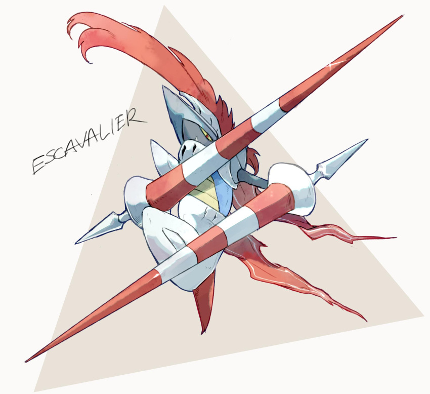 colored_sclera commentary_request escavalier fang from_below full_body gen_5_pokemon glint highres lance looking_at_viewer nigiri_(ngr24) no_humans plume pokemon pokemon_(creature) polearm red_eyes ribbon solo weapon yellow_sclera