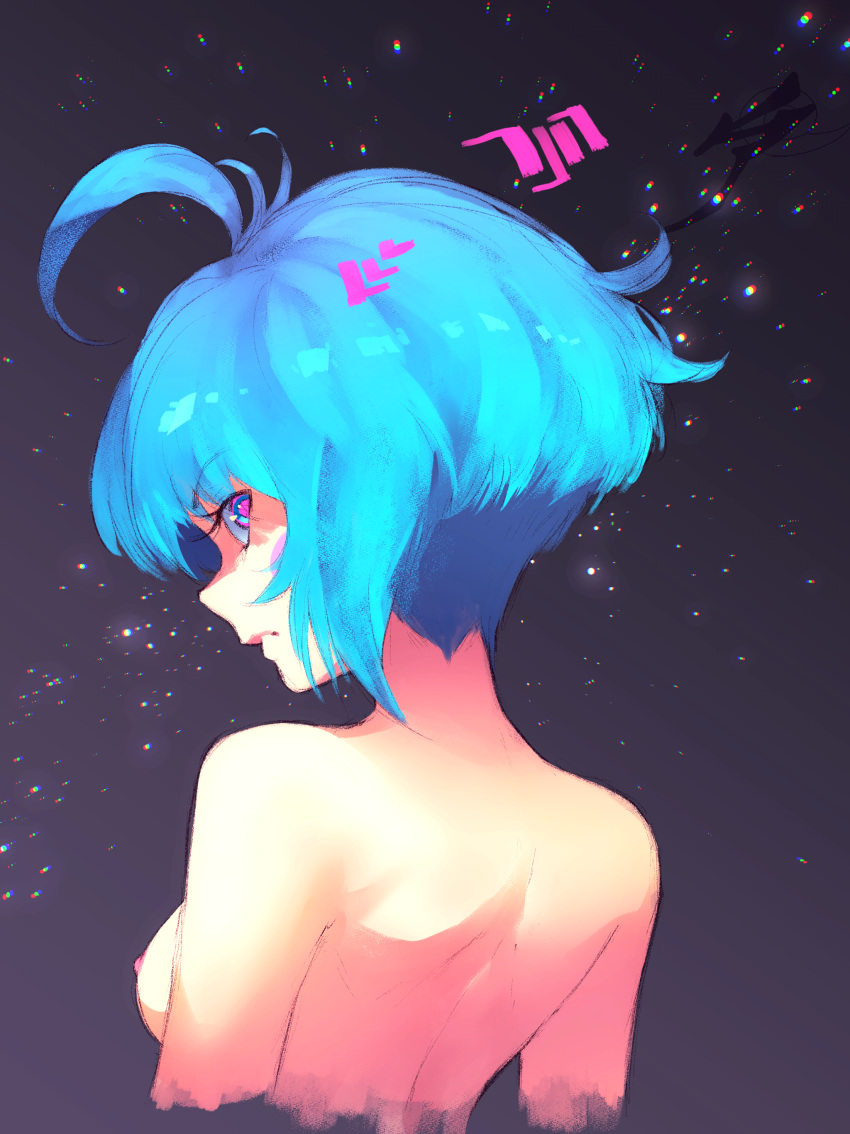 1girl absurdres aetherion ahoge aqua_eyes aqua_hair blush_stickers breasts chromatic_aberration cropped_torso from_behind highres medium_breasts multicolored multicolored_eyes nipples nude original pink_eyes short_hair sky solo space_girl_(aetherion) star_(sky) starry_sky upper_body