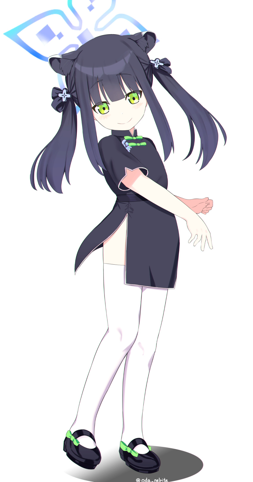 1girl animal_ear_fluff animal_ears bangs black_dress black_footwear black_hair blue_archive blunt_bangs china_dress chinese_clothes dress eyebrows_visible_through_hair full_body green_eyes highres long_hair looking_at_viewer mary_janes odaneru_apart shoes short_sleeves shun_(blue_archive) simple_background smile solo thighhighs tiger_ears tiger_girl twintails white_background white_legwear