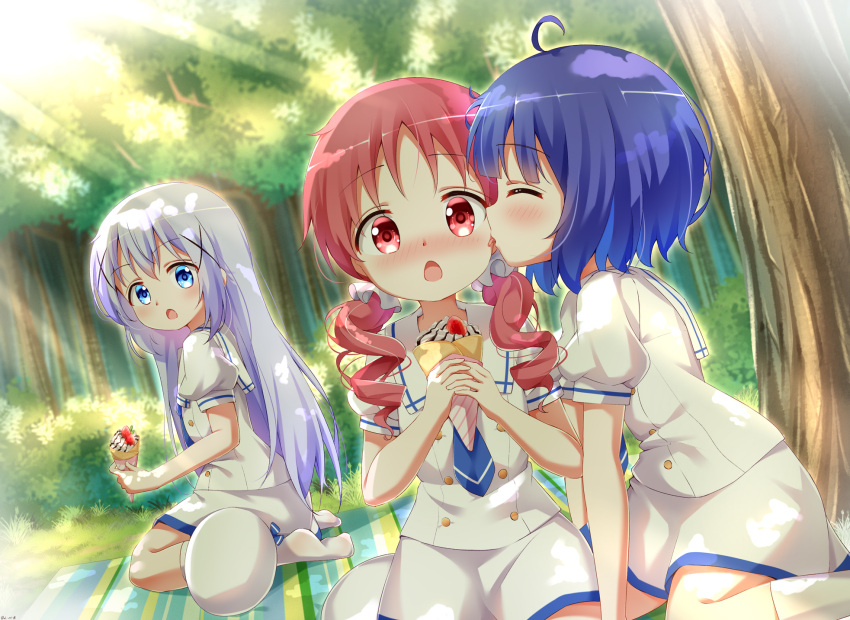 3girls ahoge blue_eyes blue_hair blue_neckwear blush chimame-tai closed_eyes crepe drill_hair eyebrows_visible_through_hair food forest gochuumon_wa_usagi_desu_ka? hair_between_eyes hair_ornament hat hat_removed headwear_removed highres holding holding_food jouga_maya kafuu_chino kneehighs long_hair mixed-language_commentary multiple_girls natsu_megumi nature open_mouth painter-lhb puffy_short_sleeves puffy_sleeves red_eyes red_hair school_uniform short_hair short_sleeves skirt tongue tongue_out tree twin_drills white_headwear white_legwear white_skirt x_hair_ornament