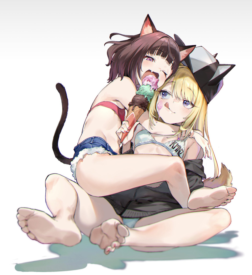 2girls animal_ears animal_hat aqua_bra aqua_panties arms_around_neck bangs barefoot baseball_cap black_choker black_headwear black_jacket blonde_hair blunt_bangs blush bra breasts brown_hair cat_tail choker copyright_name denim denim_shorts dog_hat dog_tail eating eyebrows_visible_through_hair fang feet food food_on_face foreshortening girl_on_top hat hat_with_ears highres holding holding_food ice_cream ice_cream_cone ice_cream_on_face jacket kmnz long_hair long_sleeves mc_lita mc_liz medium_hair multiple_girls nail_polish nonco off_shoulder one_eye_closed open_mouth panties pink_bra pink_nails purple_eyes short_shorts shorts simple_background skin_fang small_breasts soles straddling tail tail_raised toes tongue tongue_out underwear upright_straddle virtual_youtuber white_background