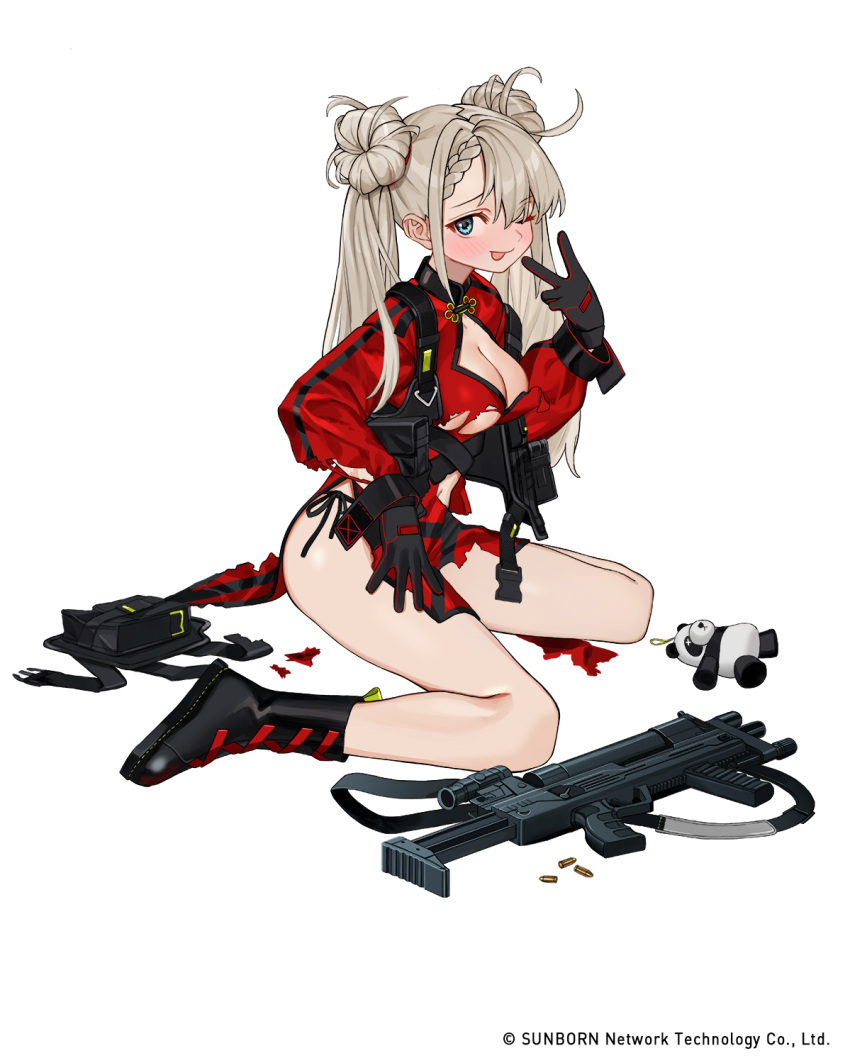 1girl :p assault_rifle black_footwear black_gloves blue_eyes blush boots braid braided_bangs breasts cf05_(girls'_frontline) china_dress chinese_clothes cleavage cleavage_cutout clothing_cutout double_bun dress girls'_frontline gloves gun hand_up highres holding holding_gun holding_weapon large_breasts looking_at_viewer luicent official_art one_eye_closed panties panty_straps red_dress rifle side-tie_panties simple_background smile solo stuffed_animal stuffed_panda stuffed_toy tongue tongue_out torn_clothes underwear v watermark weapon white_background