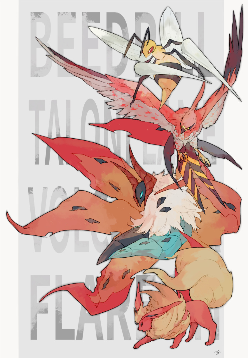 absurdres beedrill bird blue_eyes bug character_name commentary_request flareon gen_1_pokemon gen_5_pokemon gen_6_pokemon highres moth ngr_(nnn204204) no_humans pokemon pokemon_(creature) red_eyes standing talonflame talons toes volcarona white_fur