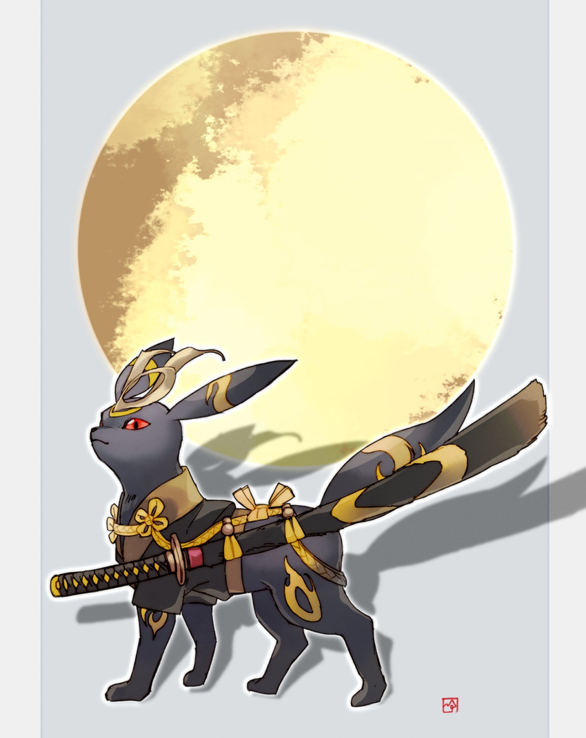 closed_mouth clothed_pokemon commentary_request from_side full_body gen_2_pokemon highres jacket nigiri_(ngr24) no_humans outline pokemon pokemon_(creature) red_eyes sheath signature solo standing sword umbreon weapon