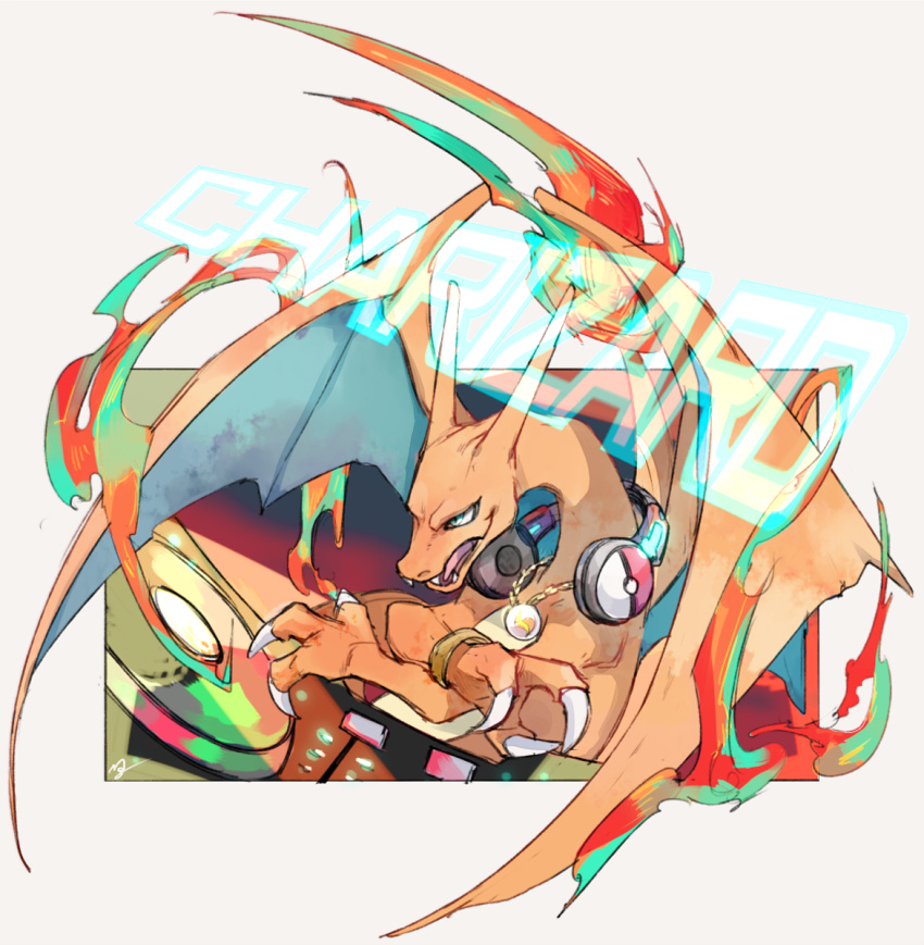 charizard claws commentary_request dj fangs fire flame gen_1_pokemon headphones jewelry necklace ngr_(nnn204204) no_humans open_mouth poke_ball_print pokemon pokemon_(creature) tongue