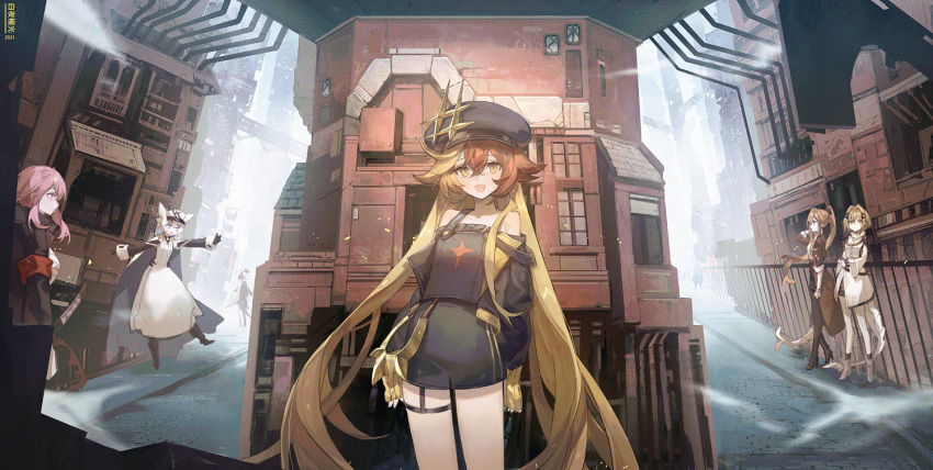 6+girls alchemy_stars aona_(ns) armband arms_at_sides black_shirt black_shorts blonde_hair boots cape commentary copyright_name dated detached_sleeves dress gronru_(alchemy_stars) hat hiiro_(alchemy_stars) long_hair looking_at_viewer multicolored_hair multiple_girls open_mouth peaked_cap philyshy_(alchemy_stars) pink_hair railing red_hair sharona_(alchemy_stars) shirt shorts sleeves_past_wrists smile solo_focus standing strap_slip tail tank_top very_long_hair vice_(alchemy_stars) vivian_(alchemy_stars) white_dress yellow_eyes