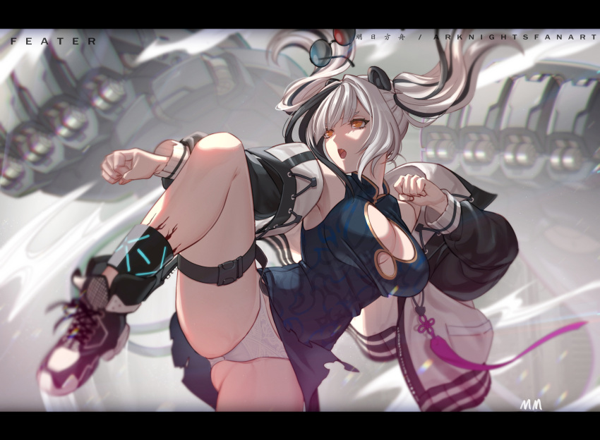 15melon 1girl animal_ears arknights ass_visible_through_thighs bangs bare_shoulders black_dress black_footwear black_hair breasts brown_eyes character_name china_dress chinese_clothes cleavage clenched_hands commentary_request dress eyewear_removed feater_(arknights) fighting_stance highres infection_monitor_(arknights) jacket large_breasts letterboxed long_hair multicolored_hair off_shoulder open_clothes open_jacket open_mouth oripathy_lesion_(arknights) panda_ears panties shoes short_dress silver_hair sneakers solo standing standing_on_one_leg streaked_hair sunglasses thigh_strap thighs twintails underwear white_panties