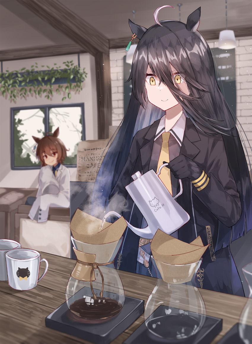 2girls absurdres agnes_tachyon_(umamusume) ahoge animal_ears black_gloves black_hair black_jacket blunt_ends closed_mouth coffee_filter coffee_pot collared_shirt ear_piercing gloves hair_between_eyes haru_yu highres horse_ears horse_girl indoors jacket long_hair manhattan_cafe_(umamusume) multiple_girls open_clothes open_jacket piercing pouring shirt smile solo_focus teapot umamusume yellow_eyes