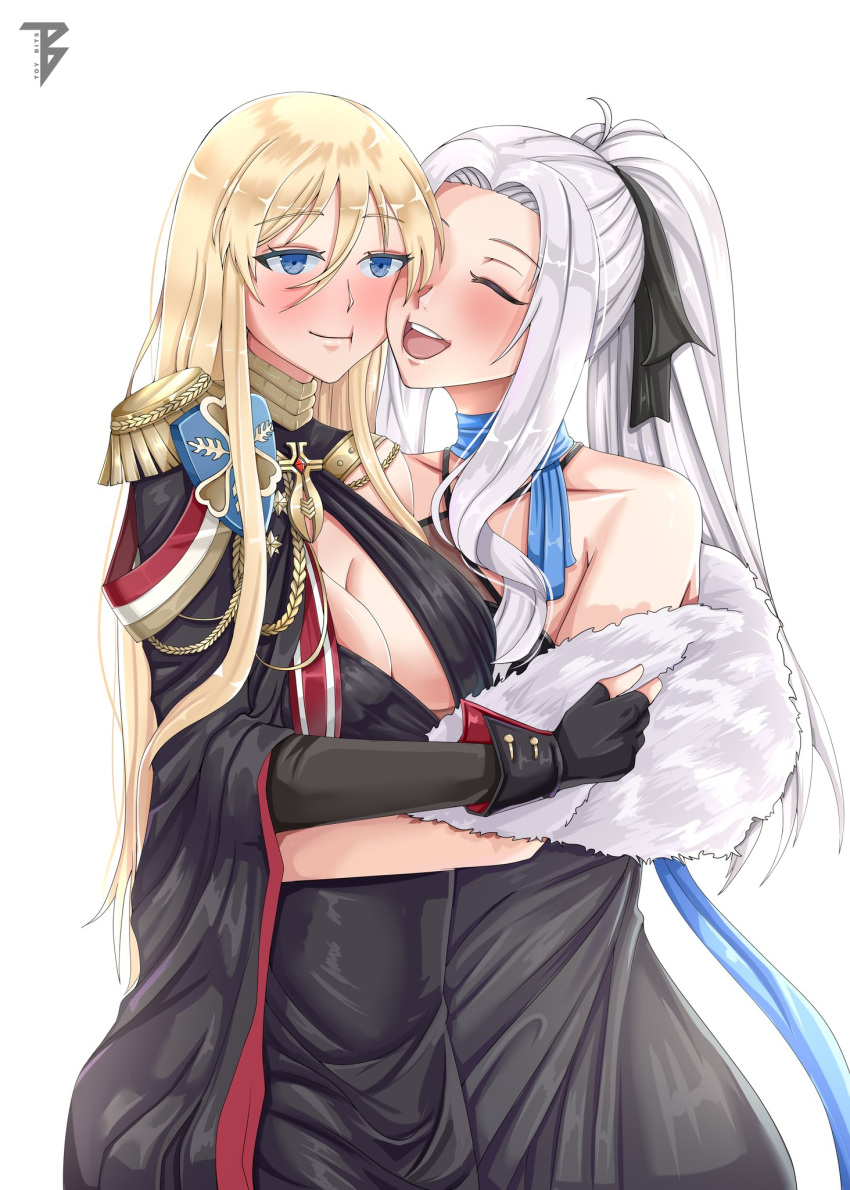 2girls :t azur_lane bare_shoulders bismarck_(azur_lane) black_gloves blonde_hair blue_eyes blush breasts cheek_press cleavage closed_eyes coat commission cowboy_shot epaulettes eyebrows_visible_through_hair fur-trimmed_coat fur_trim gloves grey_hair highres hug large_breasts long_hair multiple_girls ponytail single_epaulette smile toy_bits uniform white_background yorktown_(azur_lane)