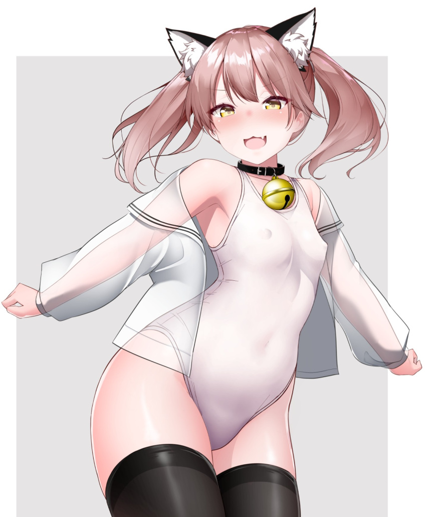 1girl :3 animal_collar animal_ear_fluff animal_ears bell breasts brown_hair cat_ears collar commentary_request contrapposto covered_navel covered_nipples cowboy_shot fang highres jingle_bell kantai_collection kirigakure_(kirigakure_tantei_jimusho) off_shoulder ryuujou_(kancolle) see-through_shirt skin_fang small_breasts solo swimsuit thighhighs twintails white_swimsuit yellow_eyes