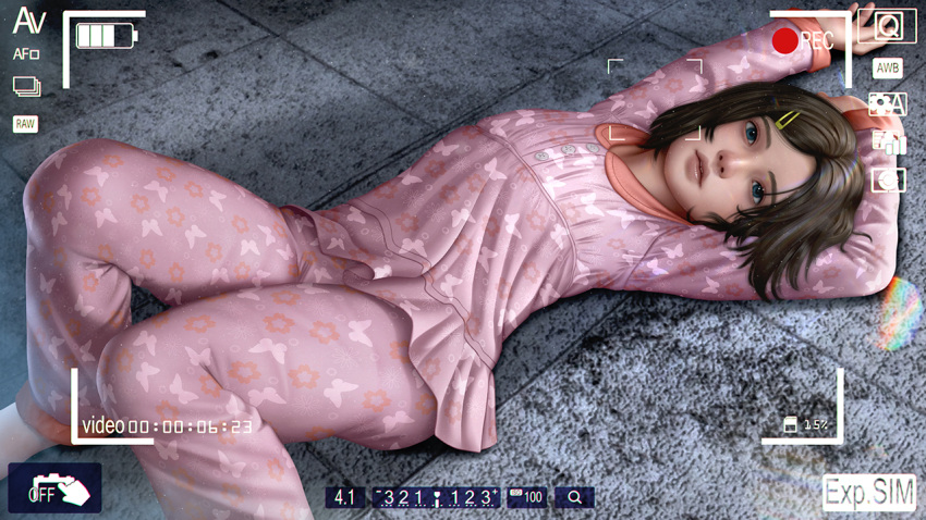 1girl arms_up battery_indicator blue_eyes brown_hair dutch_angle hair_ornament hairclip lily_castellanos lips looking_at_viewer lying nefrubi on_back pajamas short_hair solo the_evil_within viewfinder