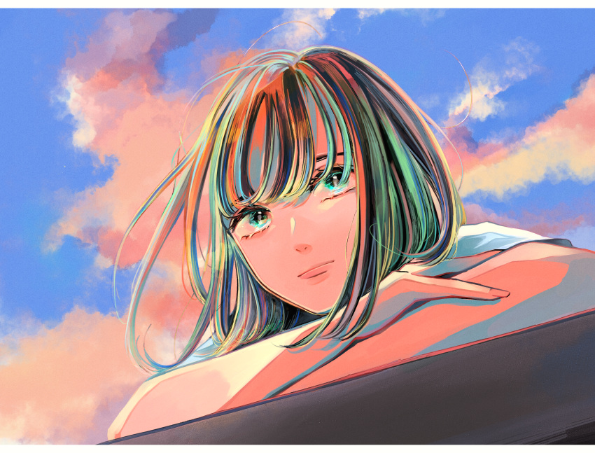 1girl absurdres aqua_eyes bangs blue_sky cloud cloudy_sky expressionless highres huge_filesize looking_at_viewer multicolored_hair original richard_(ri39p) shadow sky solo upper_body