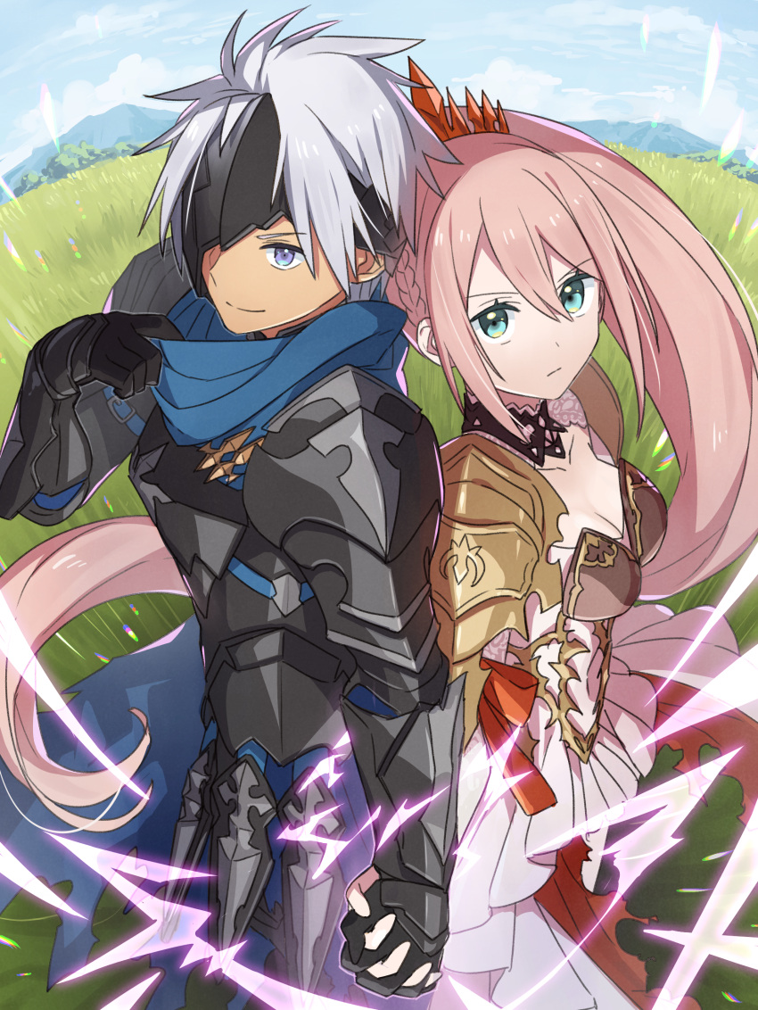 1boy 1girl absurdres alphen_(tales) armor armored_dress back-to-back black_armor breasts broken_mask cleavage cloak dress field grass highres holding_hands juria0801 long_hair looking_at_viewer mask mountainous_horizon pink_hair ponytail serious shionne_(tales) silver_hair smile tales_of_(series) tales_of_arise very_long_hair