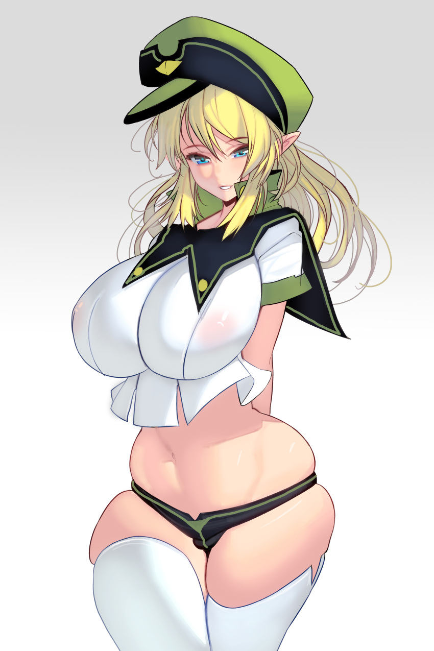 absurdres bangs blonde_hair blue_eyes breasts crop_top curvy eyebrows_visible_through_hair hat high_collar highres huge_breasts long_hair looking_at_viewer masao navel original short_shorts shorts smile thighhighs white_background white_legwear