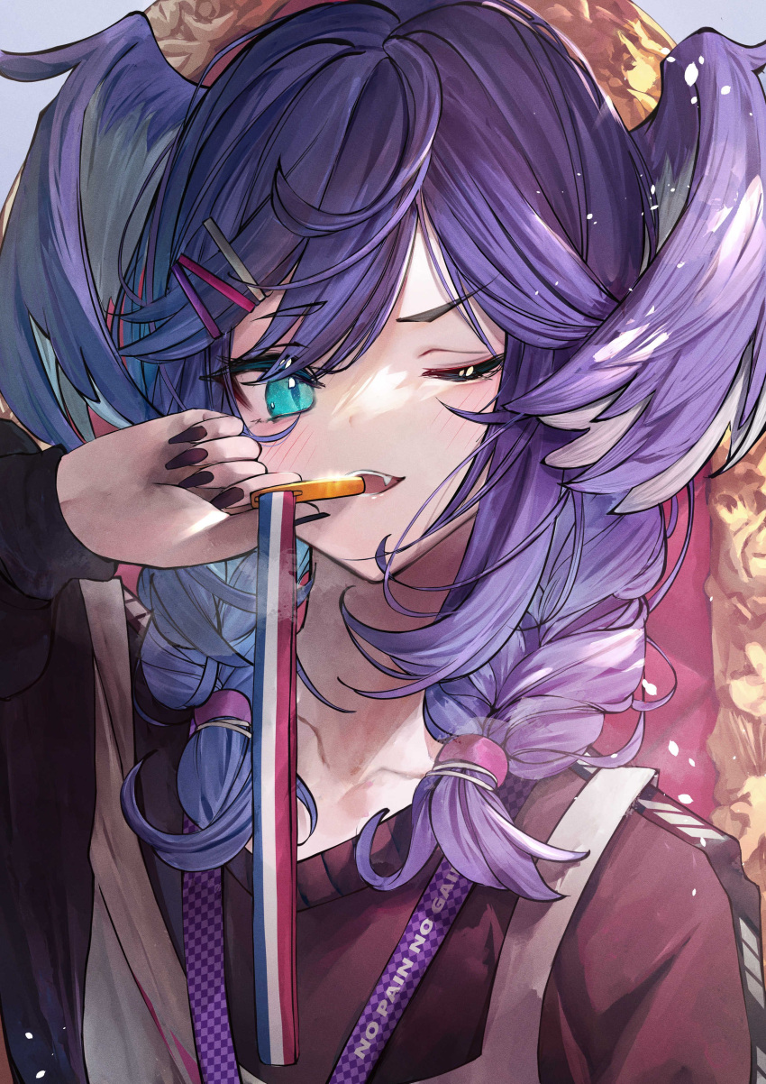 1girl absurdres betabeet biting black_nails black_sweater blue_eyes braid dragon_girl eyebrows_visible_through_hair fingernails grey_overalls hair_ornament hair_tie hairclip head_wings highres holding medal medium_hair nail_polish nijisanji nijisanji_en one_eye_closed purple_hair selen_tatsuki sharp_fingernails solo sweater twin_braids virtual_youtuber